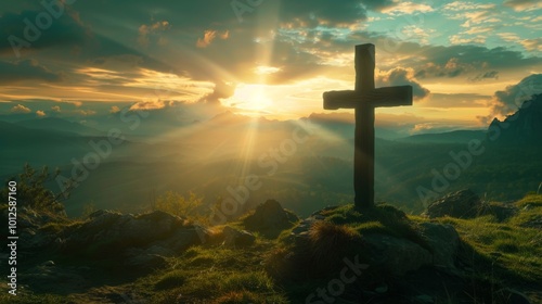 Christian Cross Symbolizing Easter and Resurrection: Dramatic Lighting Against a Colorful Mountain Sunset with Dark Clouds and Sunbeams photo