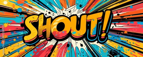 Abstract pop art background featuring "SHOUT!" Dynamic visuals, Bold patterns, Vibrant vector