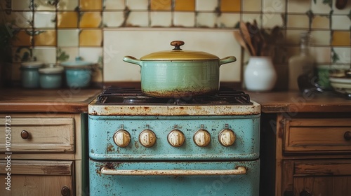 Vintage stove in a retro kitchen interior, traditional cooking. Antique appliance brings warmth and style to the home, nostalgia with its rustic, old pot photo