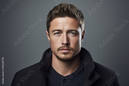 Portrait of a handsome young man in a black jacket. Men's beauty, fashion.