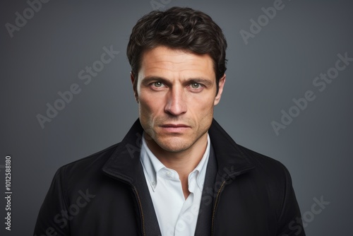 Portrait of a serious man in a black jacket on a dark background