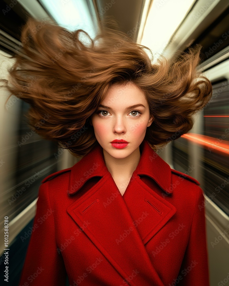 A mesmerizing portrait of a Slavic woman in a marsala trench coat, her hair dancing in the subway rush, evoking romance.