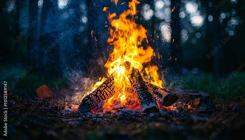 Enchanting Nighttime Campfire: Intimate Close-Up with Dancing Shadows and Crackle of Flames Enchanting Nighttime Campfire: Intimate Close-Up with Dancing Shadows and Crackle of Flames