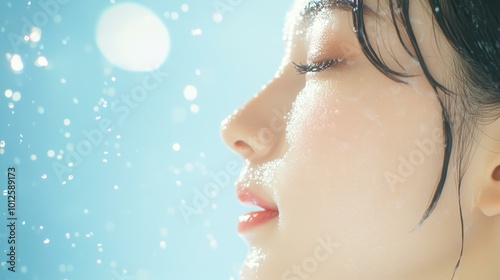 A serene moment captures a Japanese woman cleansing her face with fluffy foam, embodying beauty and grace at home.