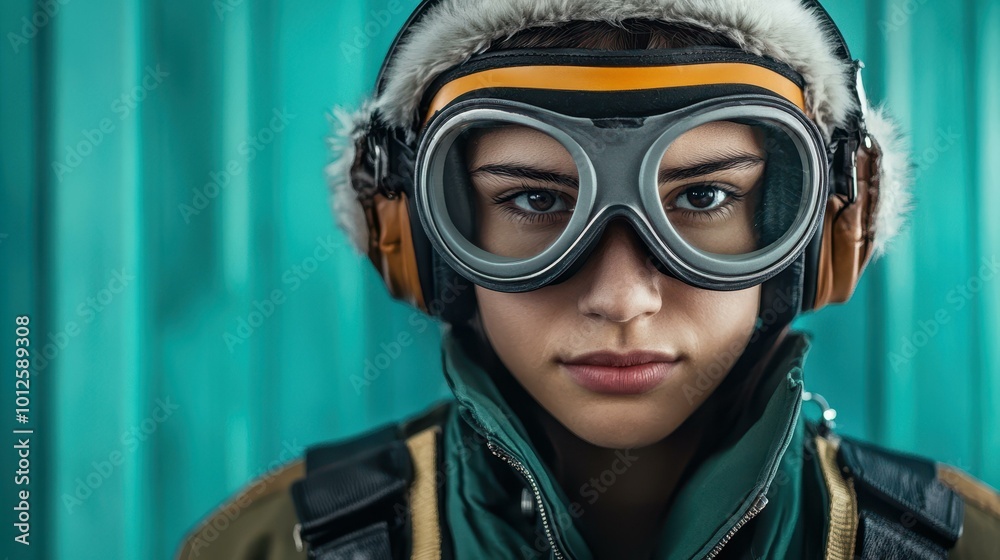 A stylish aviator dons a bomber jacket and pilot goggles, exuding a sense of coolness against a blurred backdrop. A stylish aviator dons a bomber jacket and pilot goggles, exuding a sense of coolness against a blurred backdrop.
