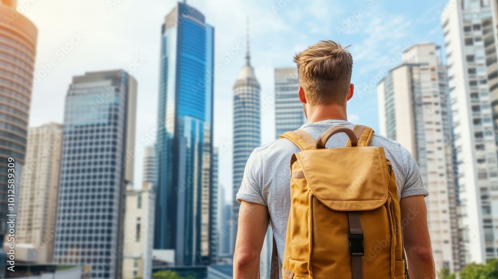 A tourist admires towering skyscrapers from the back, immersed in the vibrant city energy, with a softfocus backdrop. A tourist admires towering skyscrapers from the back, immersed in the vibrant city energy, with a softfocus backdrop.