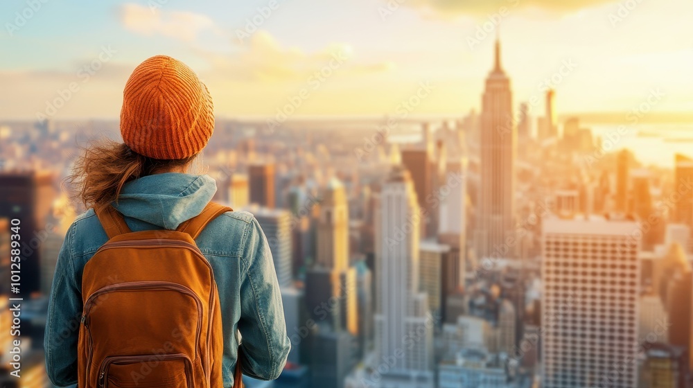 A tourist admires towering skyscrapers from the back, immersed in the vibrant city energy, with a softfocus backdrop. A tourist admires towering skyscrapers from the back, immersed in the vibrant city energy, with a softfocus backdrop.