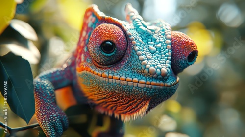 Colorful Chameleon Close up Portrait on Branch photo