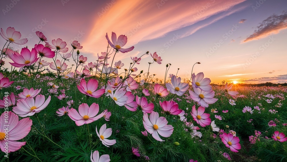 Obraz premium Vibrant pink cosmos flowers sway gently under a radiant sunset sky in an open field, showcasing natural beauty.