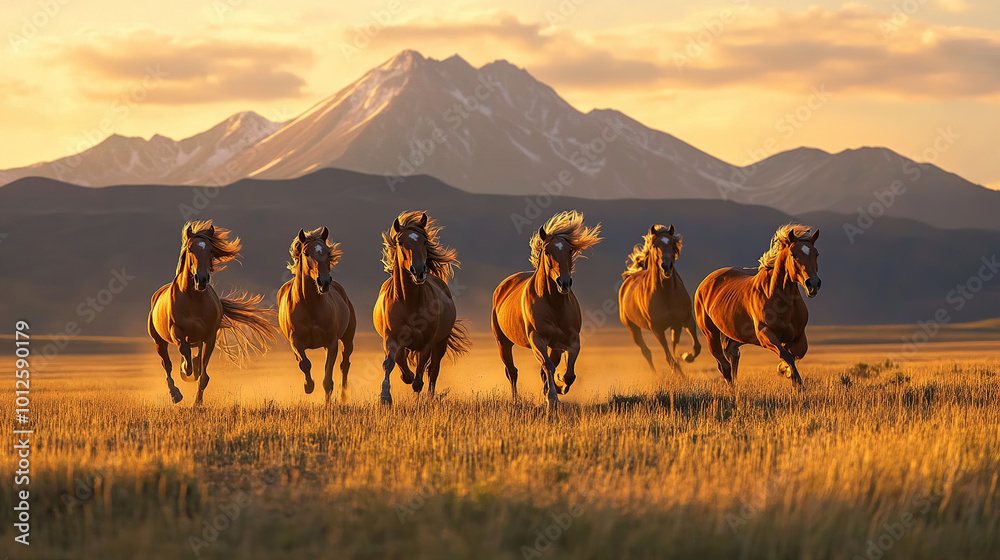Fototapeta premium A group of wild horses running in a field with mountains in the background during the golden hour