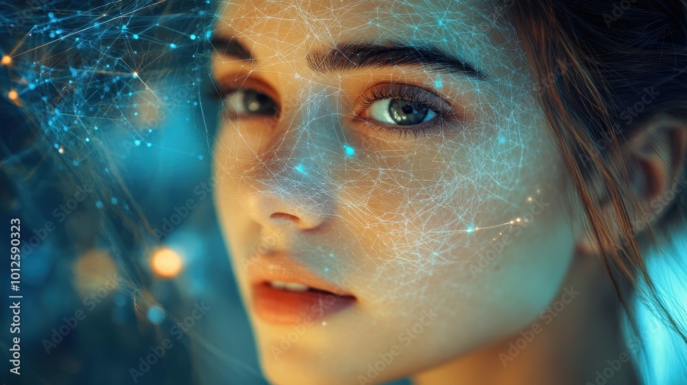 Young woman with digital facial recognition overlay. Generative AI image