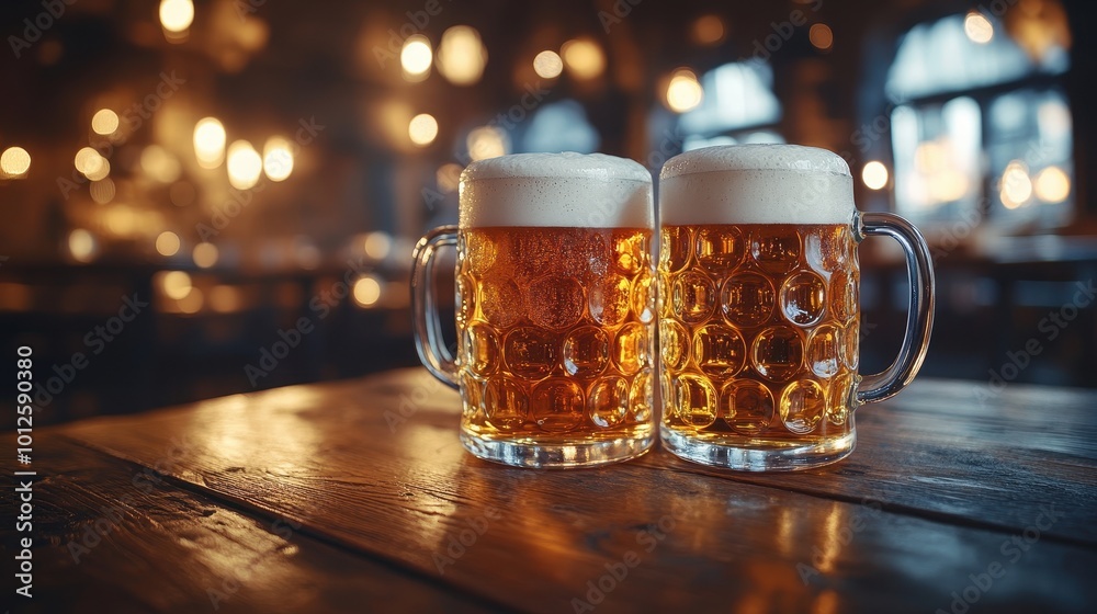 Two Beer Mugs Filled with Frothy Beer on Wooden Table in Cozy Pub for Celebratory and Social Gathering Themes
