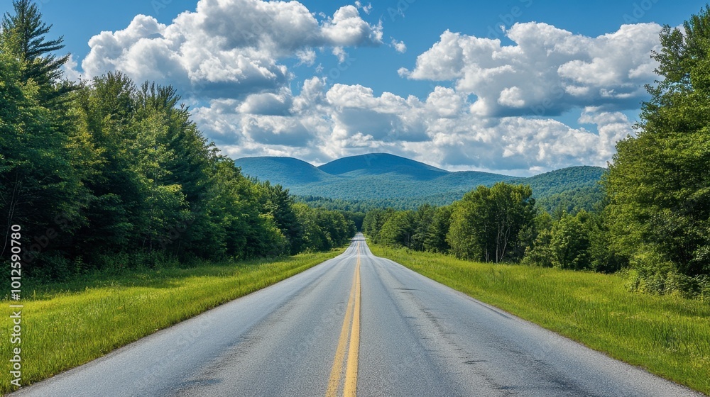 A straight asphalt road lined with green trees and mountains, under a bright sky with scattered, fluffy white clouds. A straight asphalt road lined with green trees and mountains, under a bright sky with scattered, fluffy white clouds.