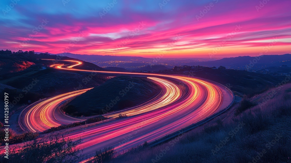 Fototapeta premium Evening traffic trails illuminate a winding highway under a vibrant sky at dusk