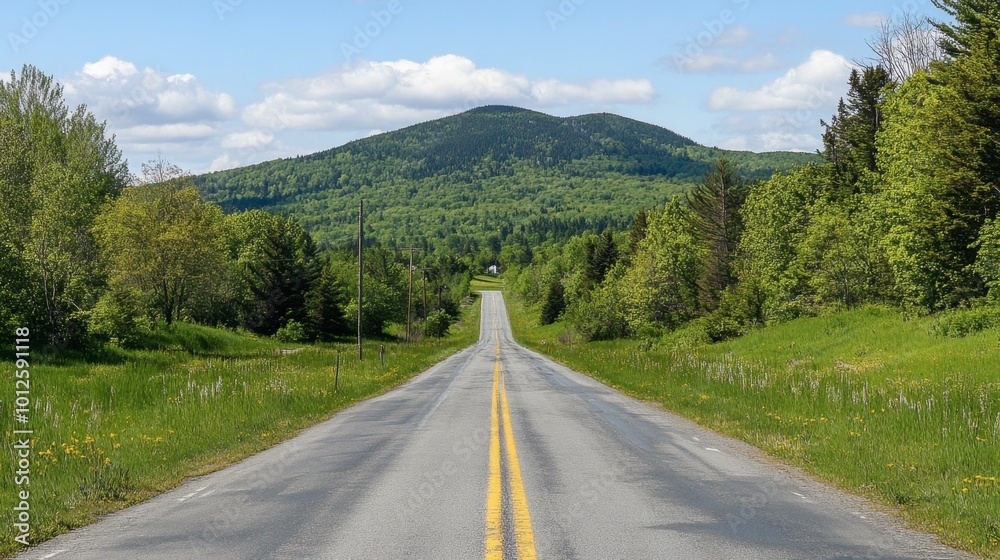 A straight asphalt road through green mountain terrain, under a clear sky with light, scattered clouds on a sunny afternoon. A straight asphalt road through green mountain terrain, under a clear sky with light, scattered clouds on a sunny afternoon.