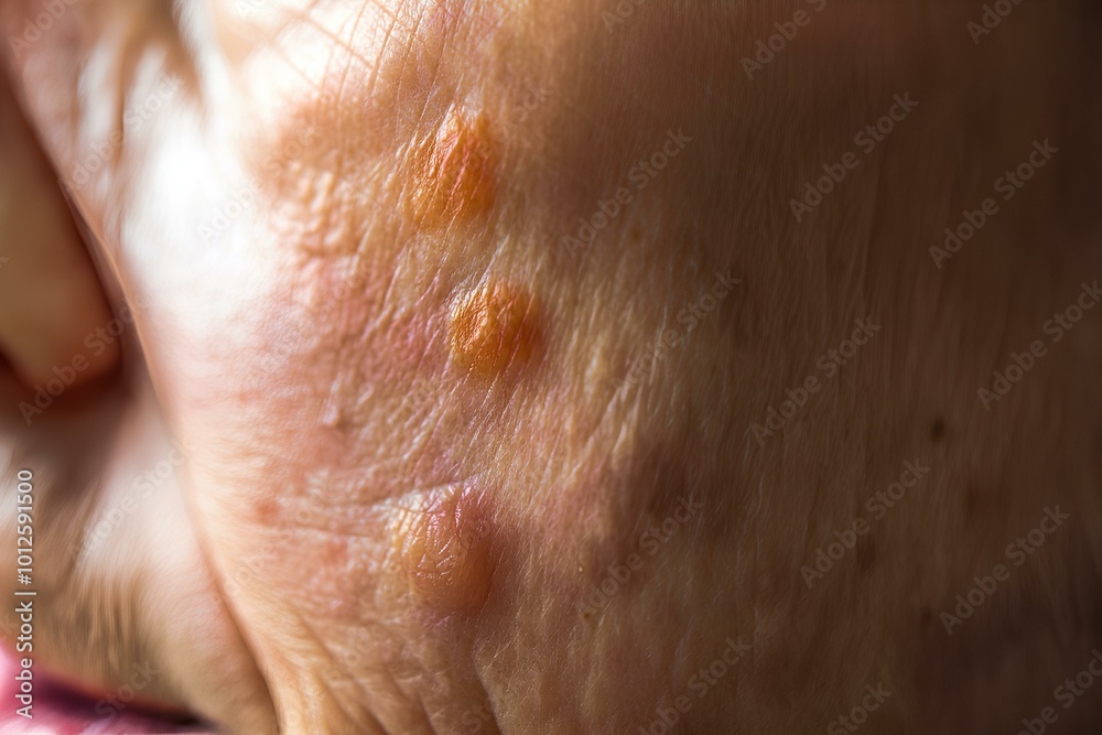 Fototapeta premium 色素沈着のある成熟した女性の肌のクローズアップ、コピースペース｜Close up of mature woman skin with hyperpigmentation. Copy space.