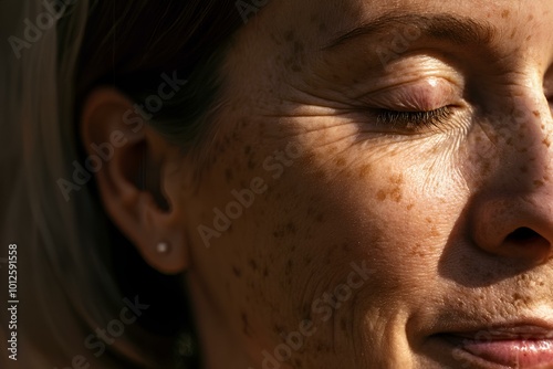 色素沈着のある成熟した女性の肌のクローズアップ、コピースペース｜Close up of mature woman skin with hyperpigmentation. Copy space. photo