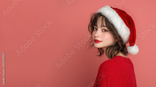 Japanese woman smiling in christmas wear and santa claus hat isolated on pastel