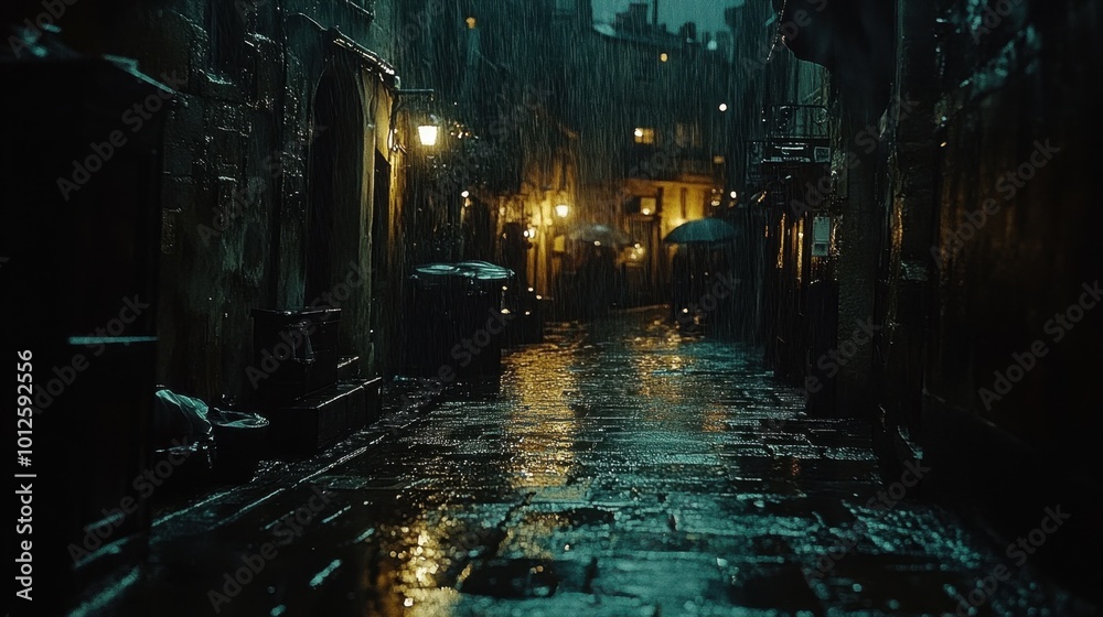 Obraz premium A deserted alleyway on a rainy night, with dimly lit lamps casting long shadows, and the sound of rain dripping from the rooftops