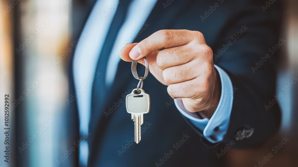 Real estate agent handing over keys in front of a new home, celebratory mood Real estate agent handing over keys in front of a new home, celebratory mood