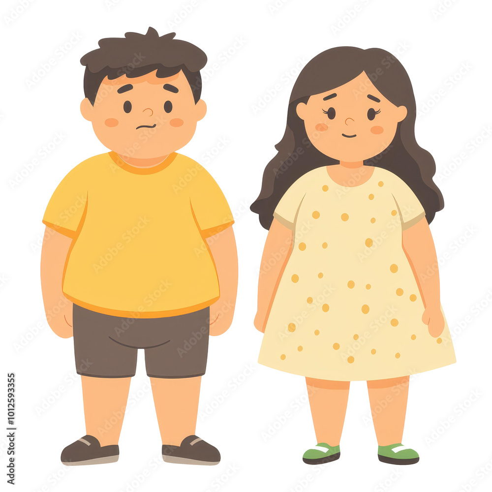 Two overweight teens sit unhappily against a plain backdrop, exuding low selfesteem and distress in a flat illustration. Two overweight teens sit unhappily against a plain backdrop, exuding low selfesteem and distress in a flat illustration.