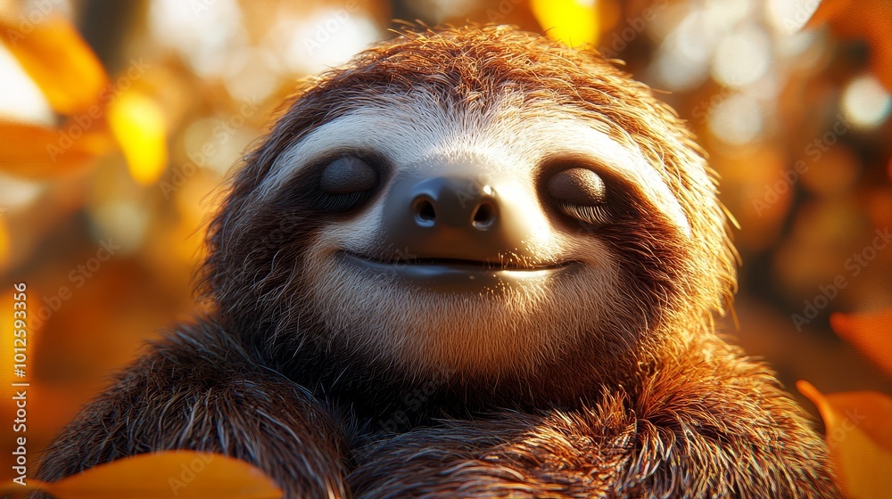 Cute Sloth with Closed Eyes Smiling in Autumn Leaves Cute Sloth with Closed Eyes Smiling in Autumn Leaves