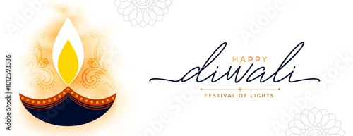 happy diwali festive white banner with creative diya