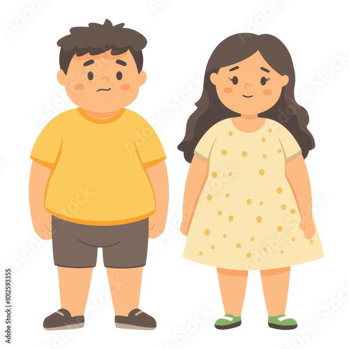 Two overweight teens sit unhappily against a plain backdrop, exuding low selfesteem and distress in a flat illustration.