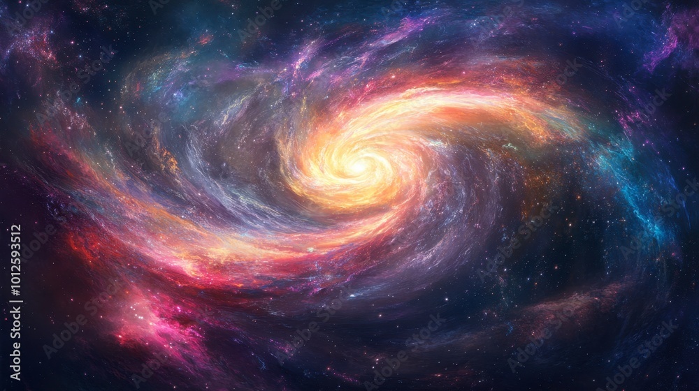 A vibrant panorama of a spiral galaxy with swirling arms and colorful nebulae, set against the backdrop of deep space. A vibrant panorama of a spiral galaxy with swirling arms and colorful nebulae, set against the backdrop of deep space.