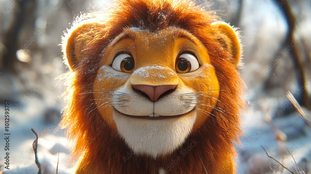 Fototapeta premium Cute Cartoon Lion Cub in Winter Forest