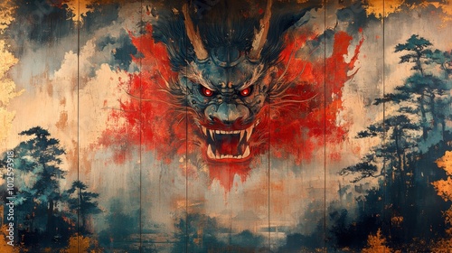 A fierce oni yokai standing guard at the entrance of a temple, painted in bold reds and blacks, contrasting with the delicate landscape around it 