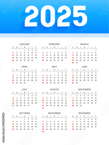 white blue 2025 yearly calendar layout office stationery