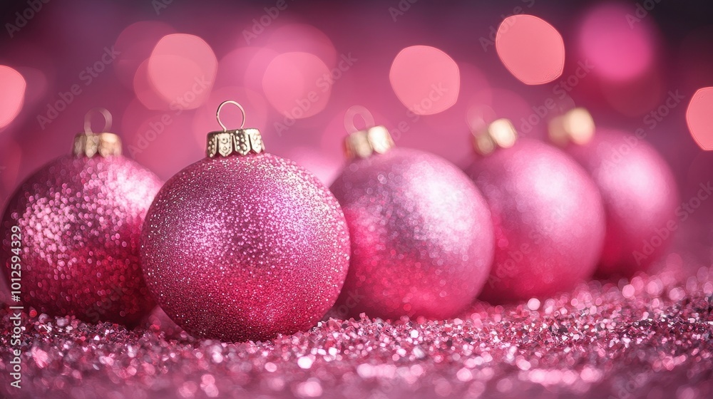 Fototapeta premium Sparkling Pink Christmas Ornaments on Glittery Surface, Christmas Background