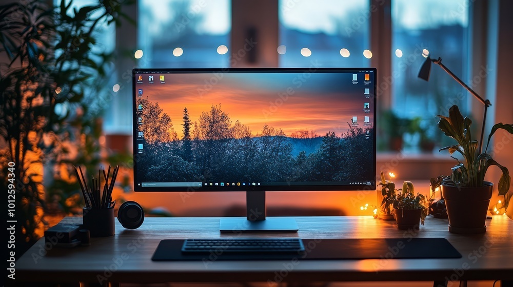 Modern Desktop Workspace with Sunset Wallpaper