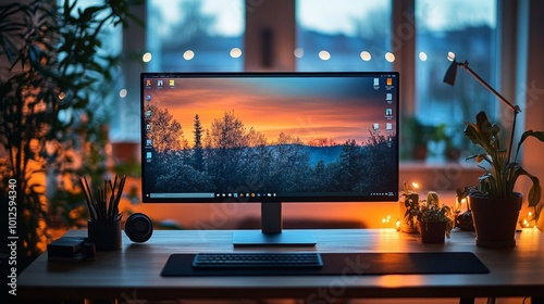 Obraz na płótnie Modern Desktop Workspace with Sunset Wallpaper w salonie