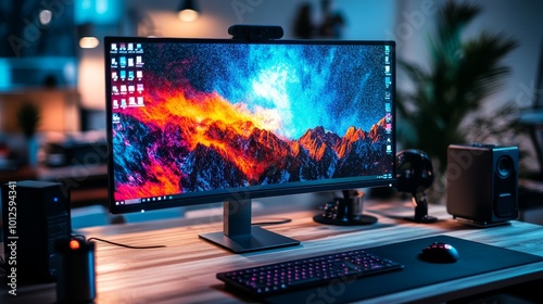Obraz na płótnie Modern Computer Setup with RGB Keyboard and Colorful Desktop Background w salonie