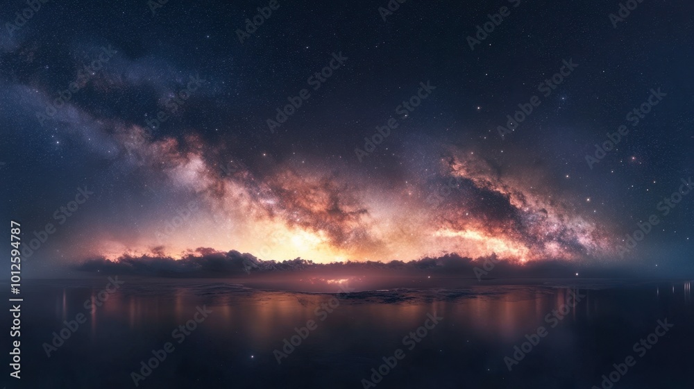 A wide panorama of the Milky Way galaxy with dense star clusters, glowing nebulae, and dark cosmic voids, stretching across the night sky.