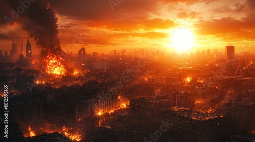 Devastated city under attack showing burning building at sunset