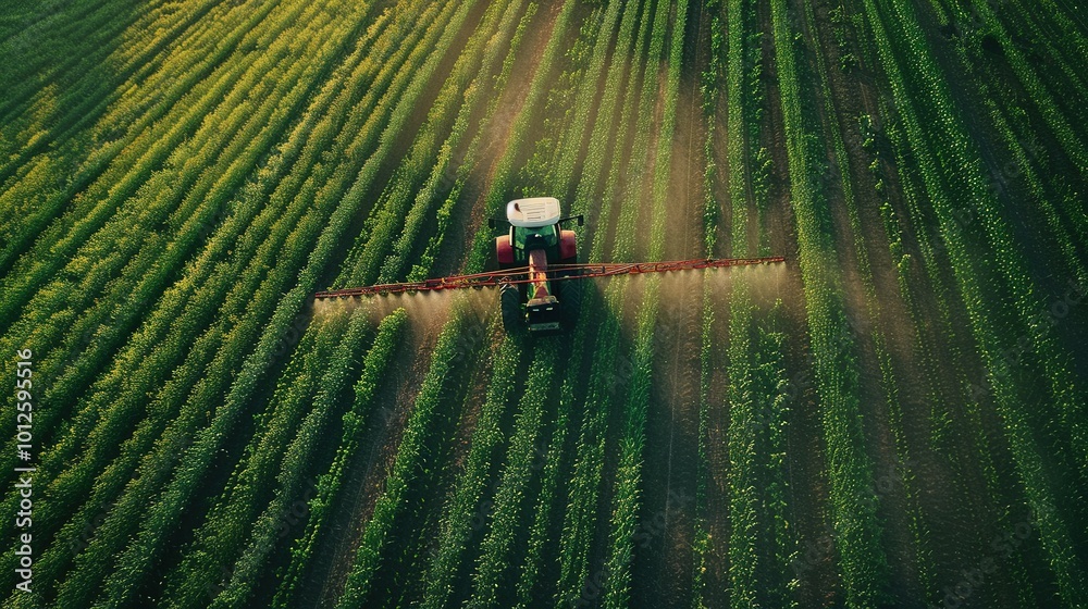 Spring Agricultural Activities: A Tractor Spraying Pesticides on a Corn Field at the Beginning of the Growing Season Spring Agricultural Activities: A Tractor Spraying Pesticides on a Corn Field at the Beginning of the Growing Season