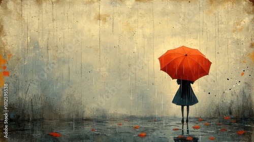 A girl holding an umbrella, standing in a puddle with a playful smile, with rain falling on a textured background resembling parchment paper 