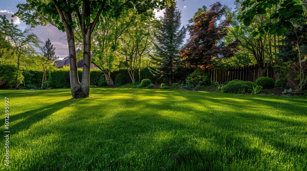 Obraz premium A neatly trimmed lawn with vibrant green grass, perfect for a summer background