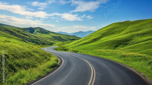 A winding asphalt road through green mountain scenery, with a clear blue sky and light, scattered clouds on a sunny day.