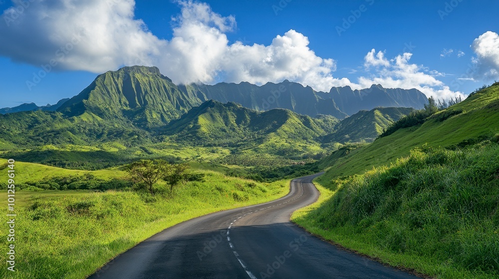 A winding asphalt road through green mountain scenery, under a clear sky with light, scattered clouds on a sunny afternoon. A winding asphalt road through green mountain scenery, under a clear sky with light, scattered clouds on a sunny afternoon.