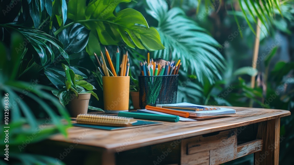 A wooden table against a background of green leaves of plants holds school supplies. From the side. A wooden table against a background of green leaves of plants holds school supplies. From the side.