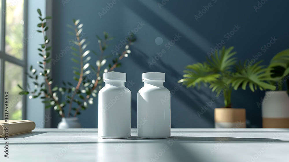 Two white bottles on a table in a minimalist setting. The bottles are blank and ready for your brand or product.
