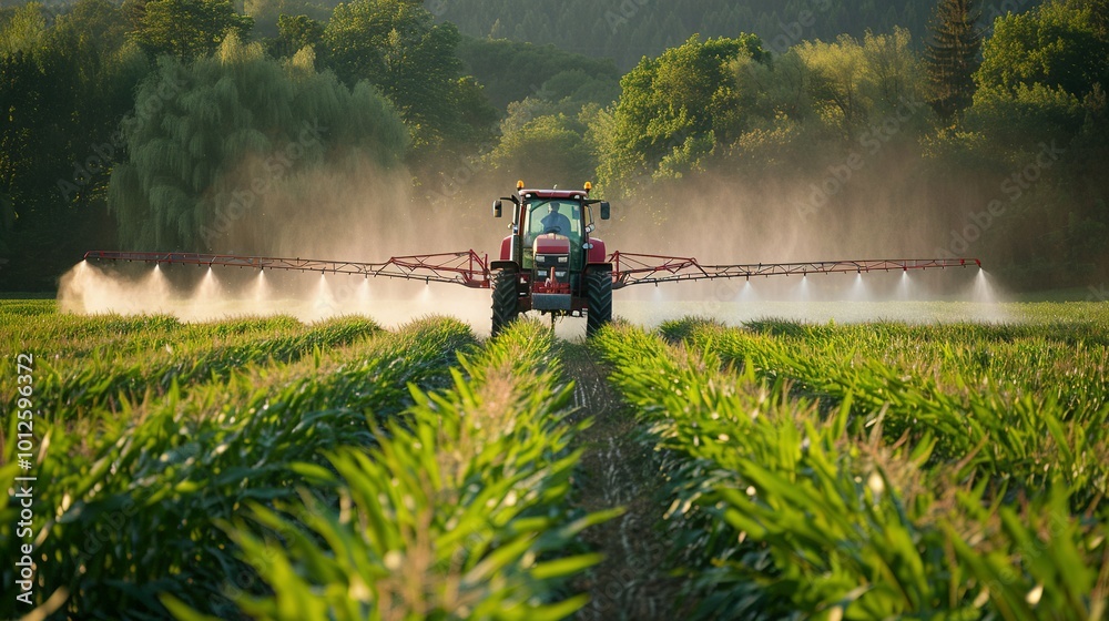 Fototapeta premium Capturing Agricultural Practices: A Tractor Spraying Pesticides on a Corn Field During Spring's Growing Season