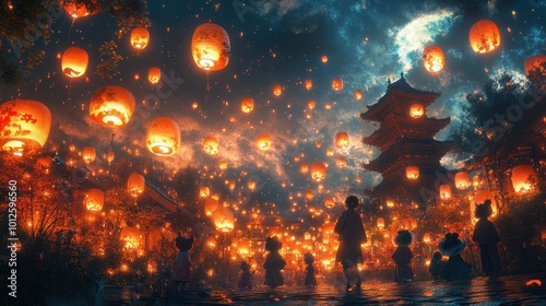 A group of mischievous yokai playing among Japanese lanterns at a festival, the vibrant colors and intricate patterns of their surroundings creating a lively scene 