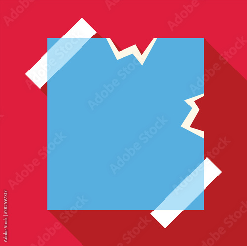 Blue sheet of ripped paper is being held together with two pieces of tape on a red background