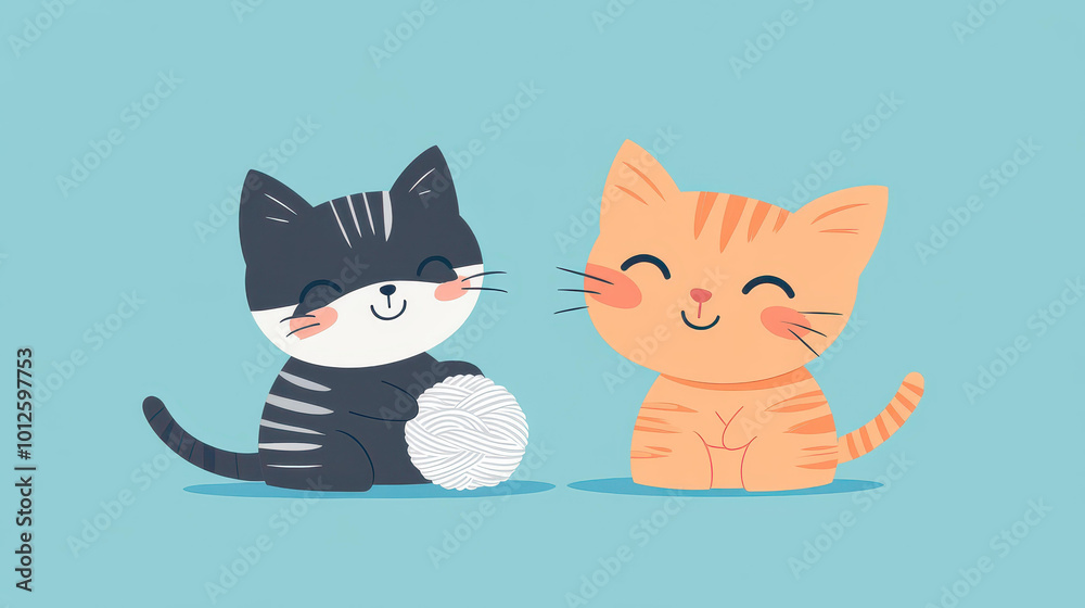 Fototapeta premium A cute 2D kitten frolics with a yarn ball in this charming, modern flat illustration, perfect for any cat lover.