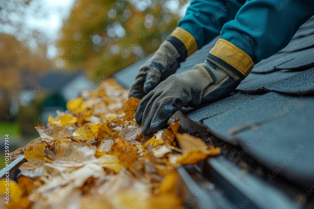 Closeup of Hands Cleaning Fall Leaves From Gutter Closeup of Hands Cleaning Fall Leaves From Gutter